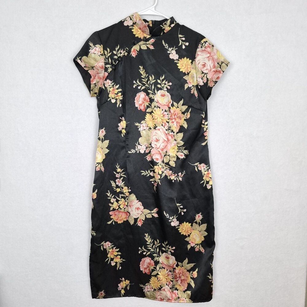 Vtg Julian‎ Taylor Black Satin 8p Qipao Dress Oriental LBD Floral Blossoms